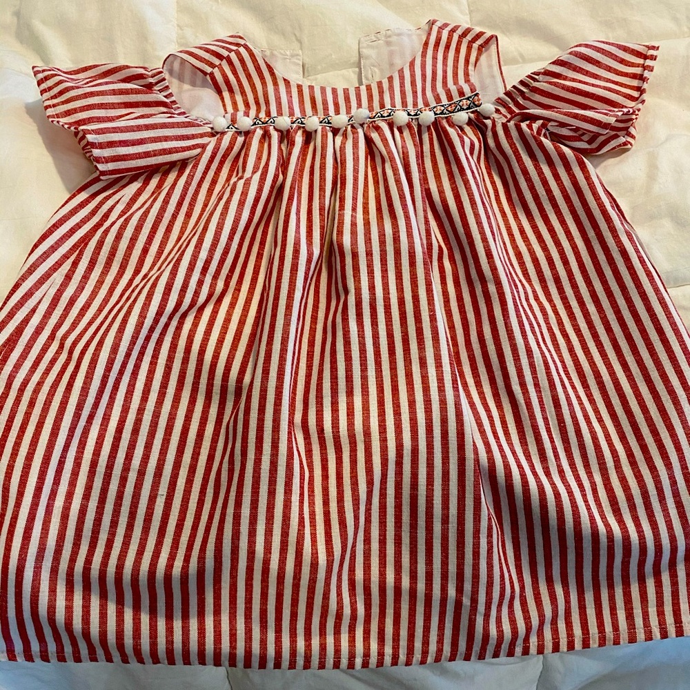 Girls striped swing dress with cold shoulder.